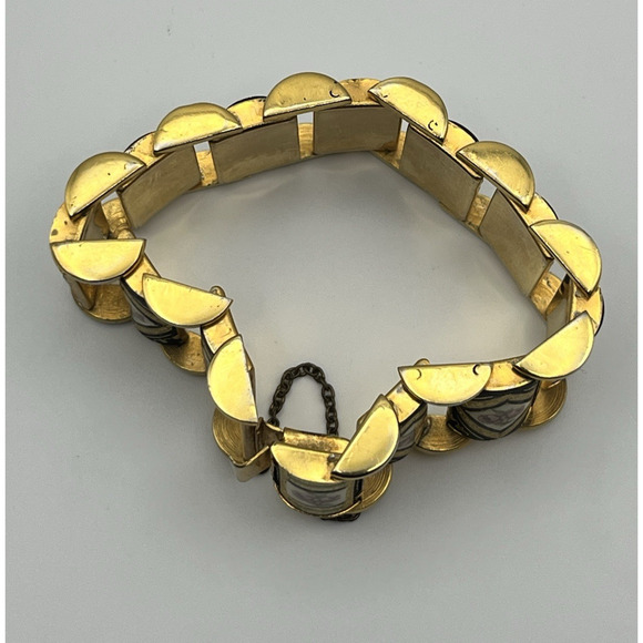 Vintage Damascene Link Bracelet Floral Pink Roses Black & Gold Tone Panels Chain - Picture 8 of 10